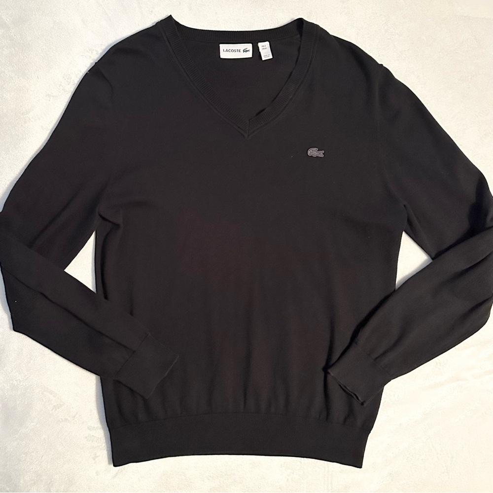 Lacoste Monochrome Cotton V-neck Knit Sweater Black Men’s M Gray Crocodile